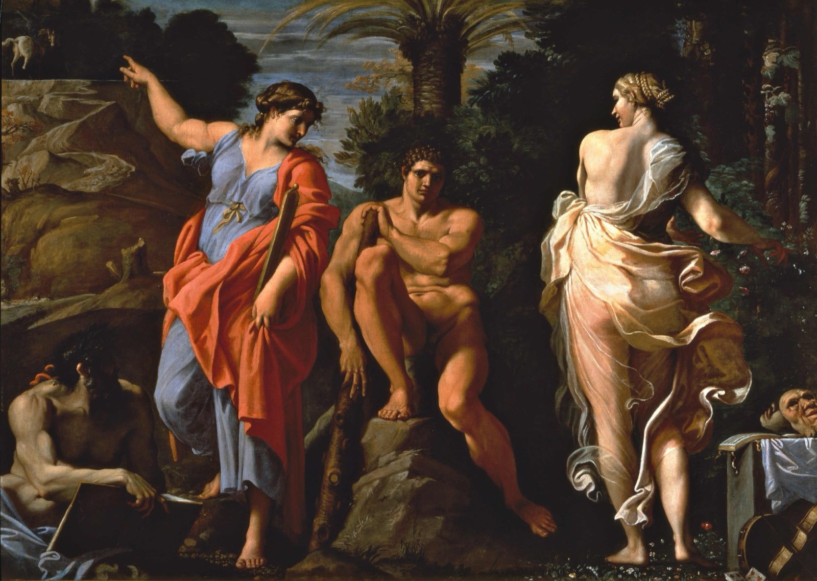 Annibale Carracci's Hercules sits between Virtue, who points up a steep path, and Pleasure, who offers an easier one.