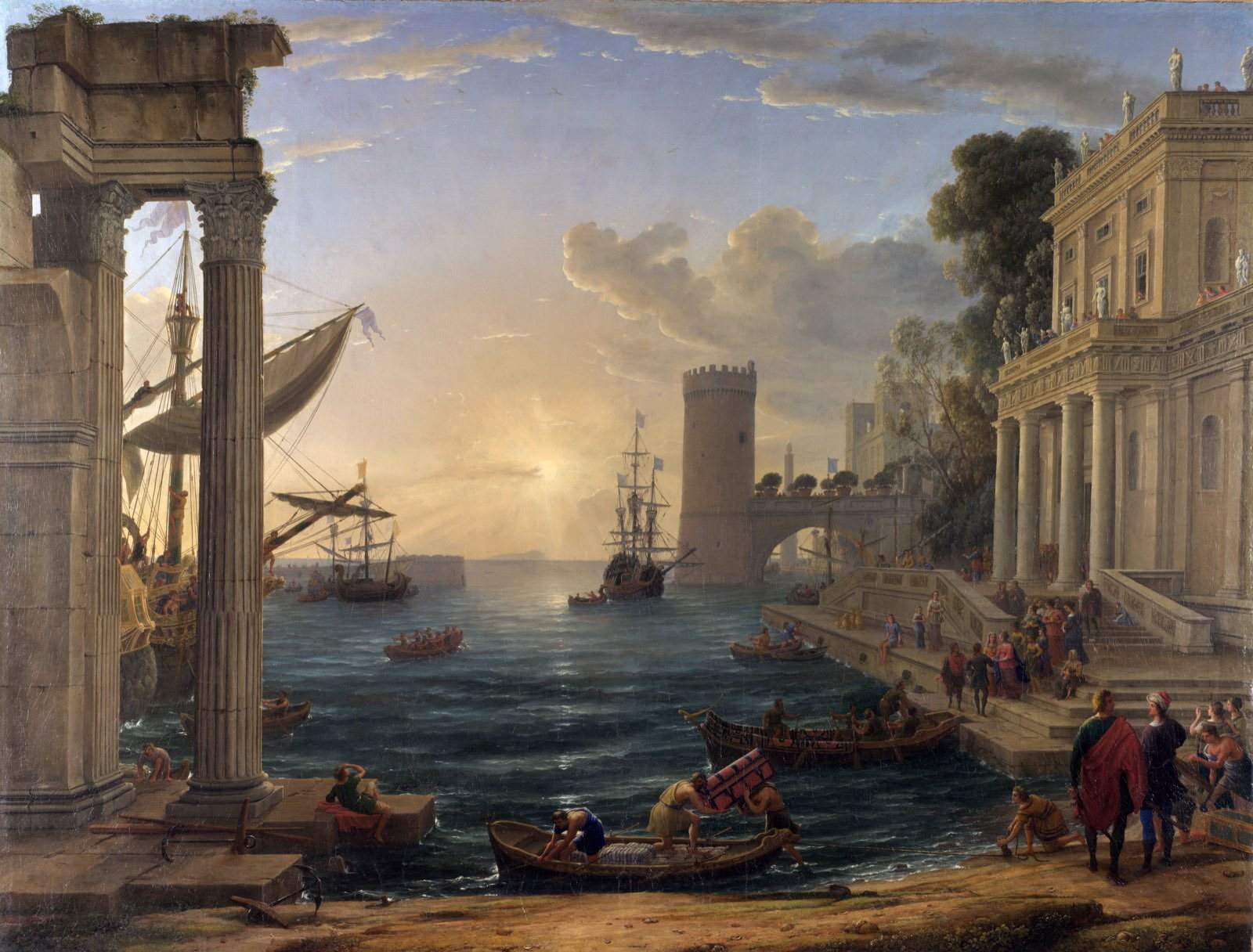 Claude Lorrain's harbour scene with classical buildings, small working figures, boats, and a low sun.