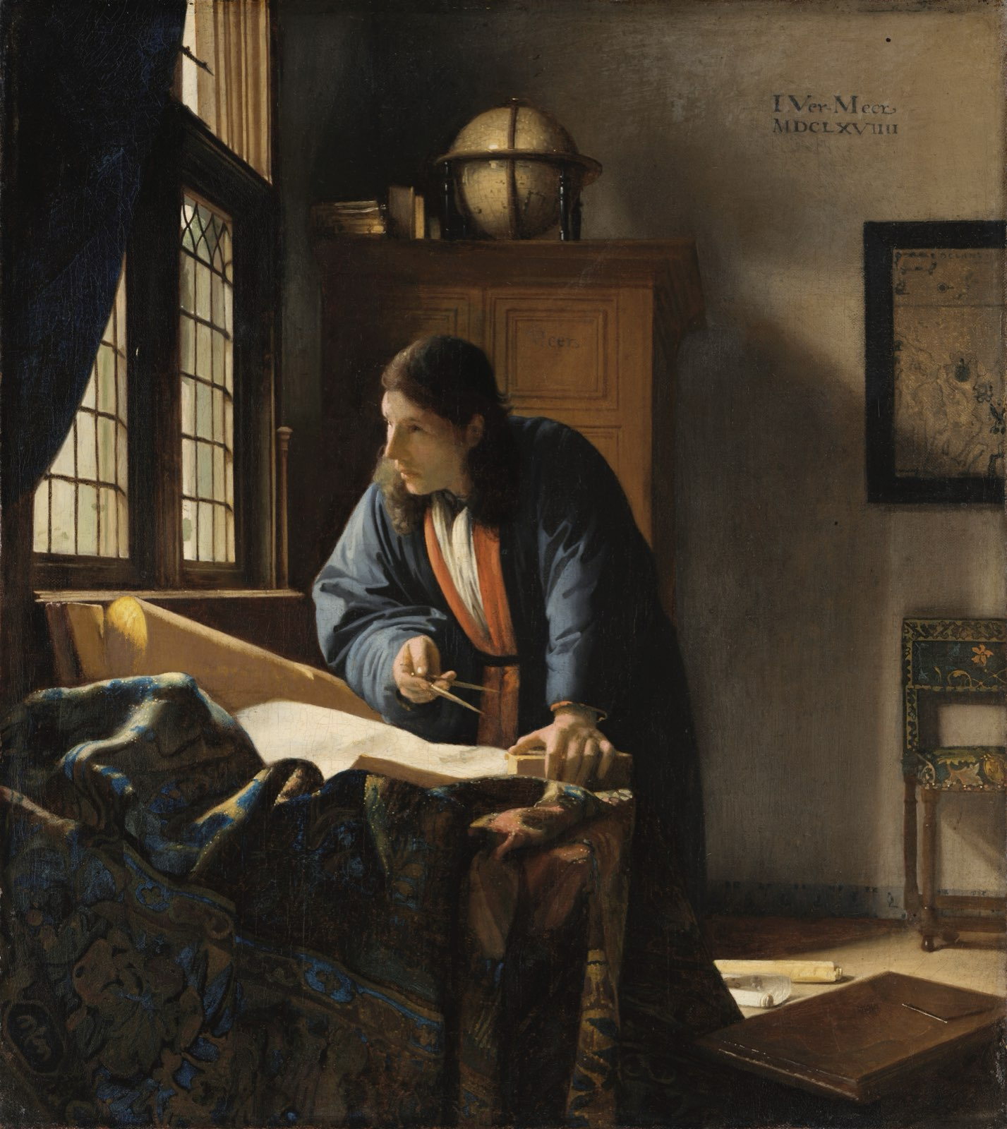Johannes Vermeer's geographer leans over a chart at a window-lit table, dividers in hand, a terrestrial globe on the cupboard behind him.